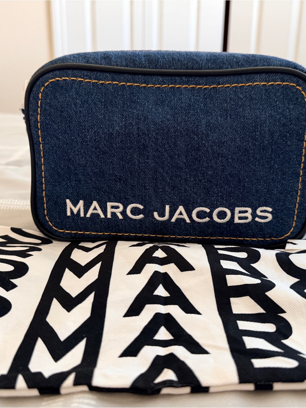 Marc Jacobs Denim Toiletry Bag in Navy with White Logo